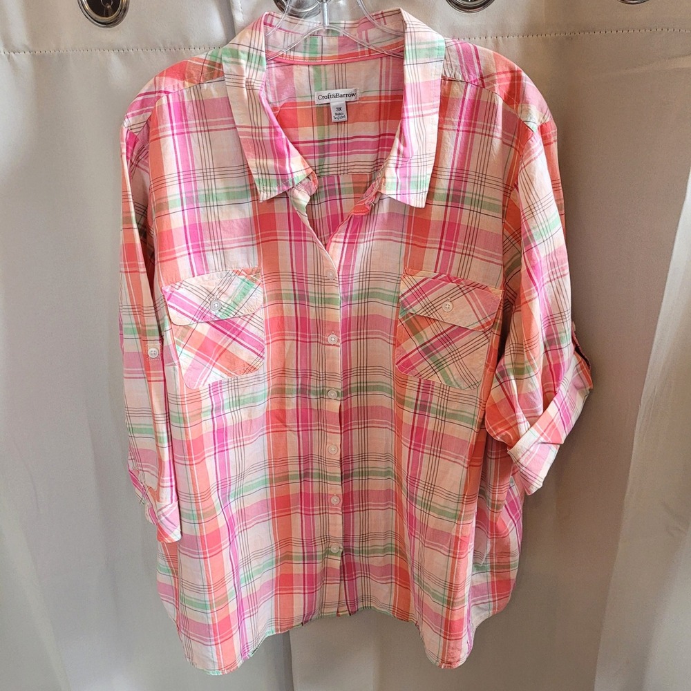 Western Womens Button Up 3X Plaid Roll Tab Sleeve Preppy Coastal Summer 21750